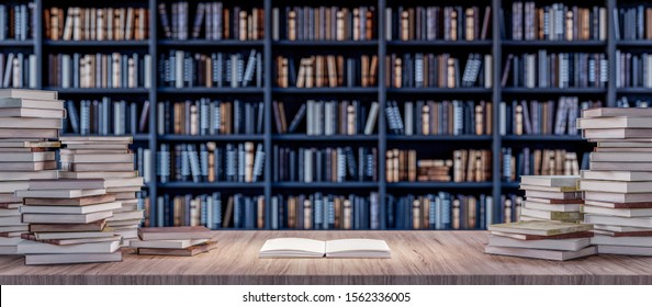 Open Book on Bookshelf in the library with old books 3d render 3d illustration