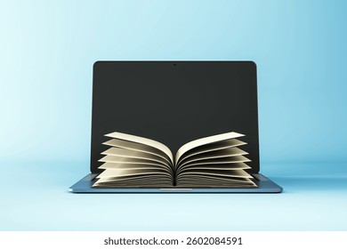 Open book on a laptop represents online education and digital learning on a blue gradient background. Concept of modern internet study platforms. 3D Rendering