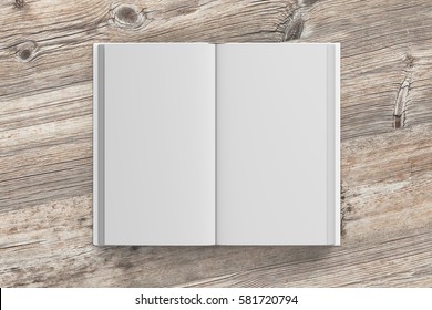 Open book with white cover and blank pages isolated on wooden background. 3d render