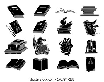 Open books black silhouettes. Book reading icons illustration isolated on white for library logo or education symbol.