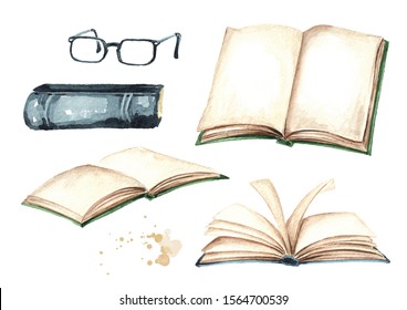 Open books and reading glasses collection. Watercolor hand drawn illustration isolated on white background