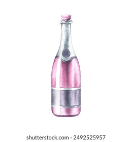 An open bottle of pink champagne. A hand-drawn watercolor illustration. Isolate it. Pink glass bottle for alcoholic sparkling drink. For invitation and greeting cards, banners and posters, menus. - Powered by Shutterstock