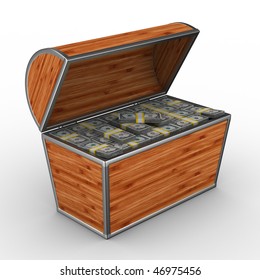Open box with dollars on white background. Isolated 3D image.