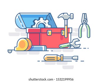 Open box with tools. Pliers and hammer, screwdriver and roulette. illustration