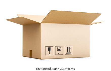 Open Brown Cardboard Box Isolated On White Background. Parcel Delivery, Free Shipping, And Online Shopping Concept. 3D Illustration