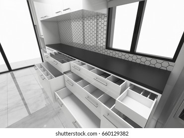 Open Cabinets Kitchen Ideas, 3d Rendering Mock-up Concept Design Illustration