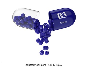 Open capsule with b3 niacin from which the vitamin composition is poured. Medical 3D rendering illustration