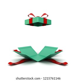 Open Christmas Gift Box Or Green Present Box With Red Ribbon And Bow Isolated On White Background With Shadow 3D Rendering