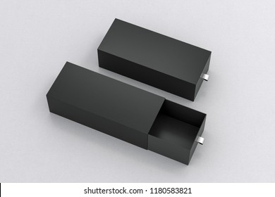 Open and closed black blank empty long boxes on white background. 3d illustration