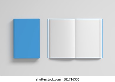 Open And Closed Books With Cyan Cover And Blank Pages Isolated On White Background. Include Clipping Path Around Each Book. 3d Render