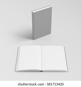 Open And Closed Books With Gray Cover And Blank Pages Isolated On White Background. Include Clipping Path Around Each Book. 3d Render