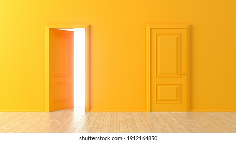 Open and closed orange doors in front of a room with a wooden floor. Isolated empty room. Choice, business and success concept. White glowing light. Сreative minimal style design. 3d rendering