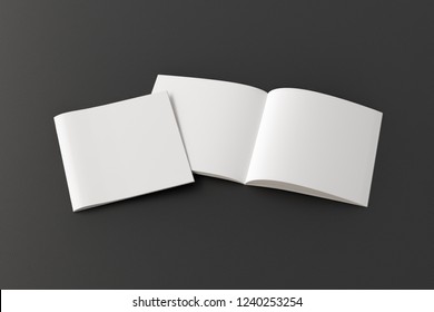 Open And Closed Square Blank Booklet On Black Background With Clipping Path Around Booklets. 3d Illustration