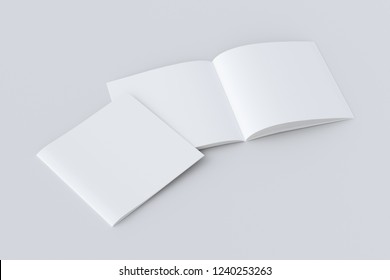 Open and closed square blank booklet on white background with clipping path around booklets. 3d illustration