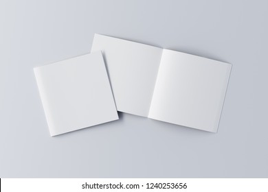 Open And Closed Square Blank Booklet On White Background With Clipping Path Around Booklets. 3d Illustration