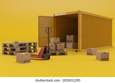 open container with cardboard boxes, shipping container for import export, forklift, pallet isolated on yellow background, logistic service concept, 3d rendering