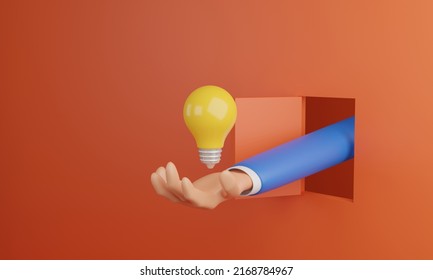 Open Up Creative Business Opportunities.Light Bulb On A Businessman's Hand Sticking Out Of A Door On An Orange Background. 3d Render Illustration.