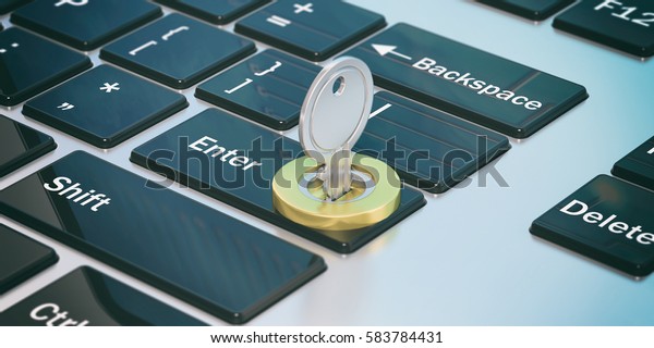 Open data, security issues. Key and\
golden lock on a computer keyboard. 3d\
illustration