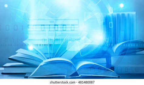 open digital ebook with blue tech background elearning concept