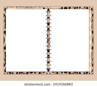 Open discbound planner mockup, open notebook with leopard cover and empty pages to add your details. Realistic illustration for digital planner sheets