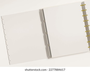 Open discbound planner mockup on desk and blank planner inserts.  Top view flatlay as a realistic 3d rendering.