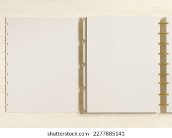 Open discbound planner mockup on desk and blank planner inserts. Top view flatlay as a realistic 3d rendering.