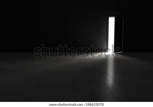 明るい光を持つ開いたドアが非常に暗い部屋に流れ込んでいた 背景イラスト のイラスト素材