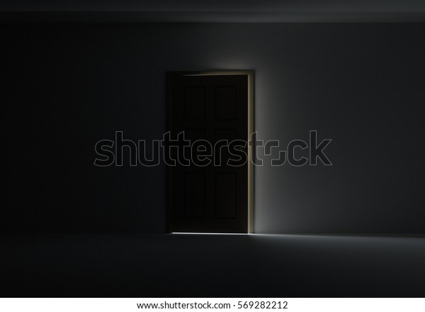 明るい光を放つドアが非常に暗い部屋に差し込んでいる3dイラスト のイラスト素材