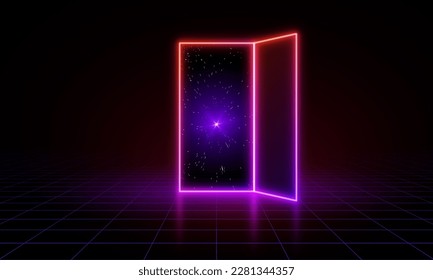 Open door digital vector illustration on a blue background. Futuristic science fiction concept of doorway. Technology portal in a polygonal wireframe glowing style  - Powered by Shutterstock