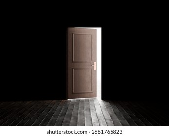 Open Door to the Light: 3D image of a dark room with a door slightly open, revealing a strong white light, suggesting concepts such as spirituality, dreams, life after death, transcendence, etc.