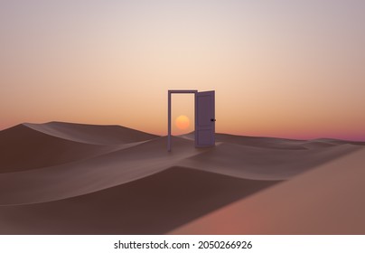 open door in the middle of the desert with sunset behind. minimalist concept. 3d rendering - Powered by Shutterstock