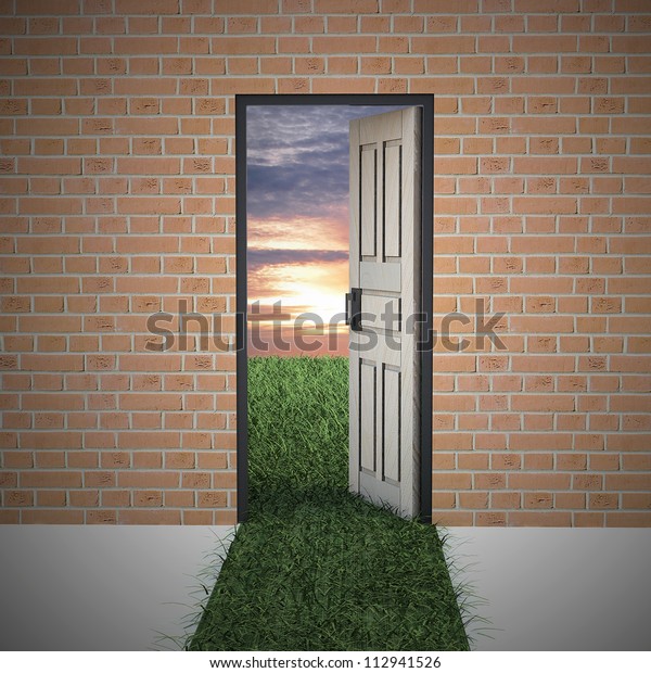 Open Door New Life Brick Wall Stock Illustration 112941526