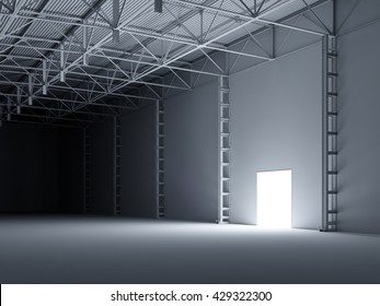 Open Door At Storehouse 3d Illustration. Warehouse Illuminated By Open Door. The Way Out Concept. Empty Contemporary Industrial Building Interior