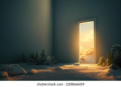 Open Door To Summer Landscape From Winter Snowy Empty Home. Energy Electricity Heating Bill Concept. 3D Illustration