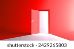 Open the door. Symbol of new career, opportunities, business ventures and initiative. Business concept. 3d render, white light inside open door isolated on red background. Modern minimal concept.