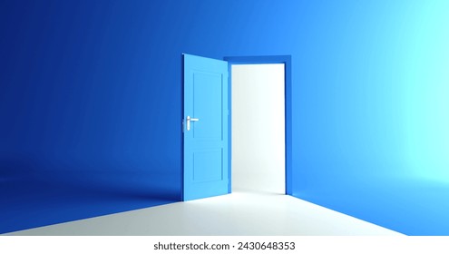 Open the door. Symbol of new career, opportunities, business ventures and initiative. Business concept. 3d render, white light inside open door isolated on blue background. Modern minimal concept.