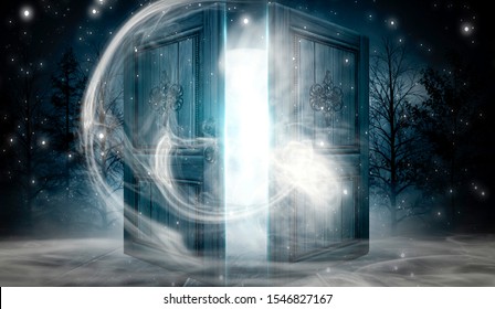 Open doors. Abstract light. Night view, magic fantasy, smoke, smog, neon. Dark forest. Abstract dark background. Old wooden doors. 3D illustration.