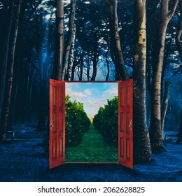 Open doors to a summer garden in the forest at night. Oil painting imitation. 3D illustration.