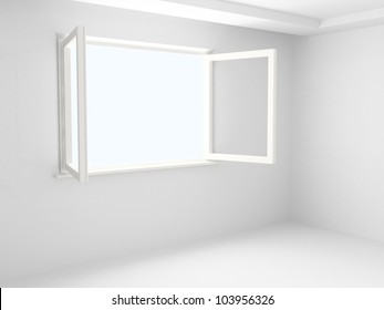 Open Double Casement Window In An Empty White Room.