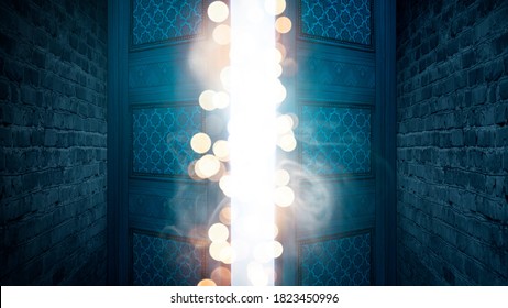 Open Double Doors, Dark Brick Walls, Magic Lights, Neon Lights. 3D Illustration.