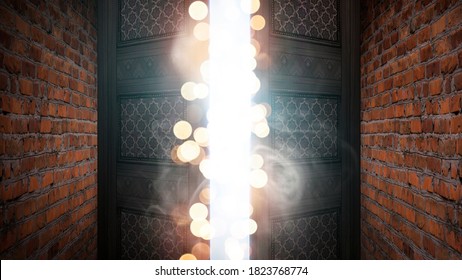 Open Double Doors, Dark Brick Walls, Magic Lights, Neon Lights. 3D Illustration.