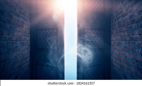 Open Double Doors, Dark Brick Walls, Magic Lights, Neon Lights. 3D Illustration.