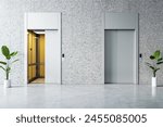 Open elevator doors in a polished office lobby, modern architectural elements. 3D Rendering