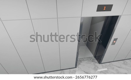 Open elevator is waiting on the first floor of a modern office building, showing a clean and contemporary design with marble flooring and sleek metal doors