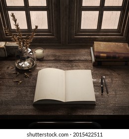 Open Empty Book On Wooden Desk In Old Room With Ancient Books.Retro Writers Desk.3d Rendering