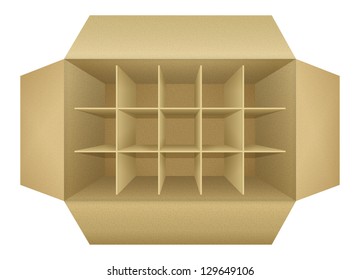 Open Empty Corrugated Cardboard Packaging Box, With Subtle Textures, Dividers,  Flaps, Shadows,  Isolated On White Background. Detailed Realistic Illustration. Vector File In My Portfolio