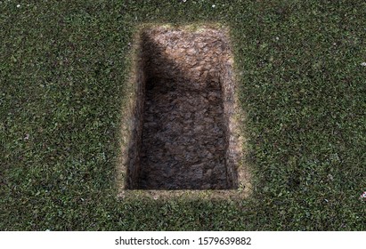 An open empty grave dug out of a field of green grass  - 3D Render