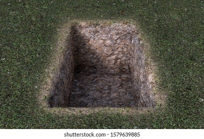 An open empty grave dug out of a field of green grass  - 3D Render