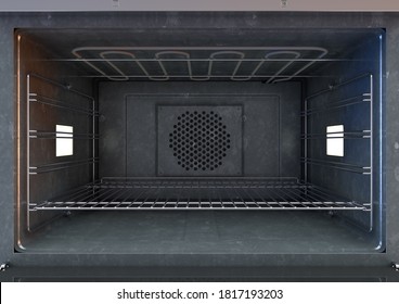 An open empty household kitchen oven with a brushed metal finish and modern illuminated dials on an isolated white background - 3D render