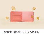 Open empty pink wallet and gold coins falling. Concept of finance and crisis. 3D rendering